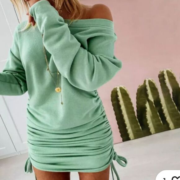 Women's drawstring ruched sides mini dress, super soft, mint green, S - Picture 4 of 9